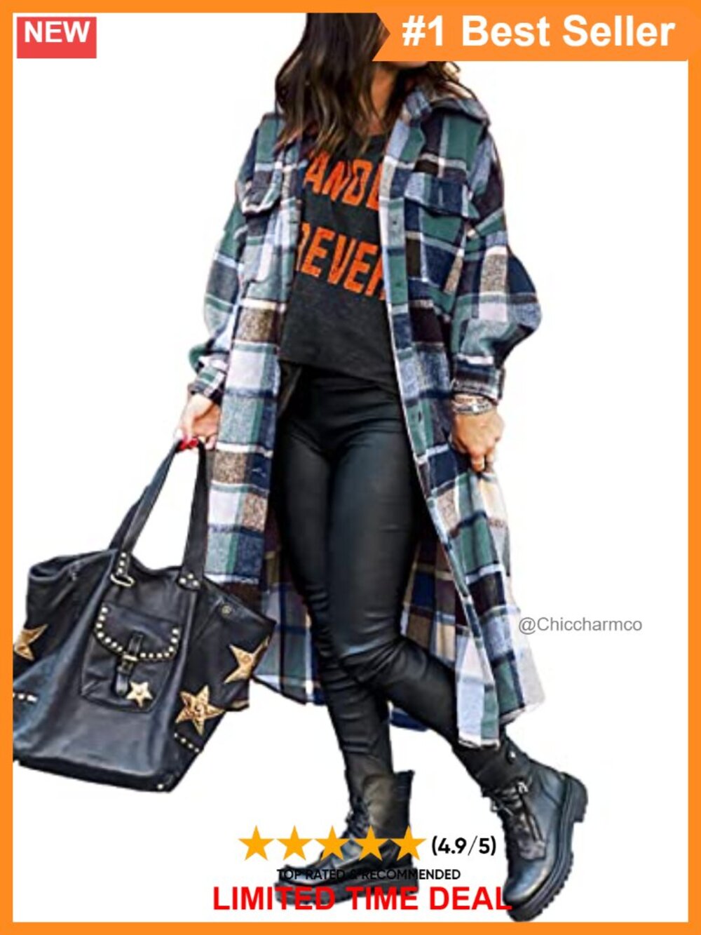 Women's Plaid Flannel Trench Coat Button Down Long Shacket Fall Jacket